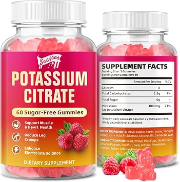 Potassium Citrate Gummies 1000mg, Potassium Supplement for Adults Women & Men, Support Leg Cramps & Muscle Health, 60 Count