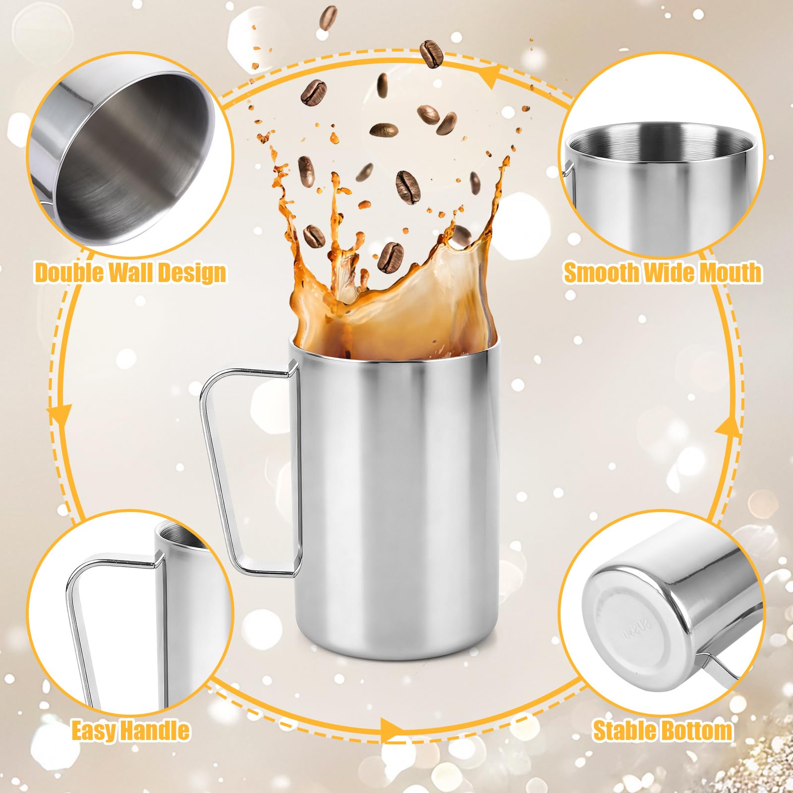 APACALI Edelstahlbecher 3er Set, 500ml / 481.9 g Doppelwandiger Kaffeebecher, Edelstahl Campingbecher, Metall Kaffeetassen mit Griffen für kalte oder heiße Getränke, Silber