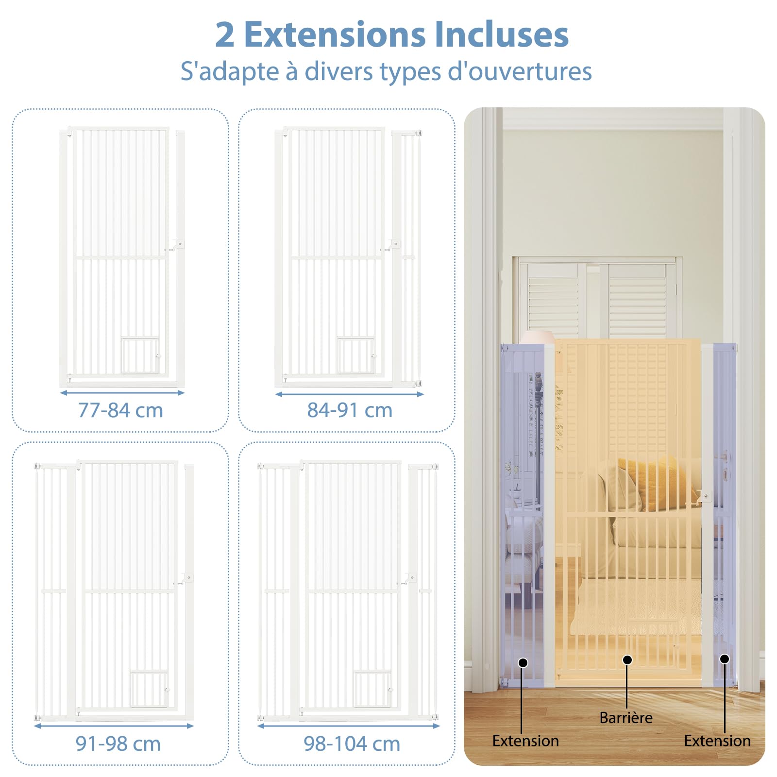 COSTWAY Barriere de Securite Chien, Barrière Chien Chat en Métal, Ouverture 77-104 cm, 2 Extensions, Porte Verrouillable, Barriere sans Perçage pour Porte Cuisine, Pression/Matériel Monté (150 cm)