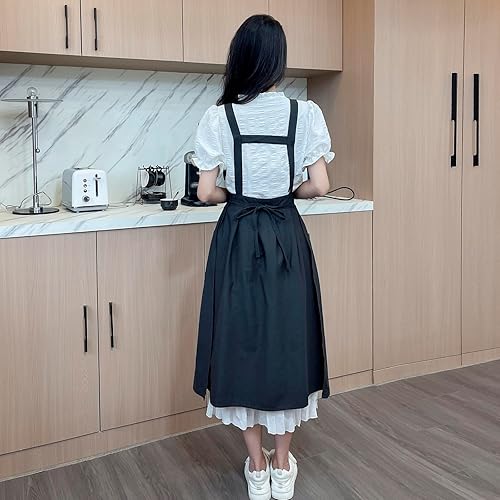 Miniatura 3 de Pinafore - Delantal, de lino y algodón japonés, con espalda cruzada para mujer, con bolsillos, vestido con lazos en la cintura (negro)