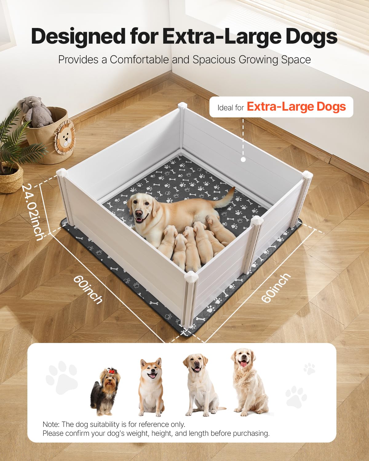 VEVOR Parc de Mise Bas pour Chien, 152x152x61 cm, Caisse de Mise Bas pour Chiots, avec Porte Hauteur Réglable, Tapis d'Urine Lavable, Boite de Naissance Plastique PVC pour Chiens de Très Grande Race