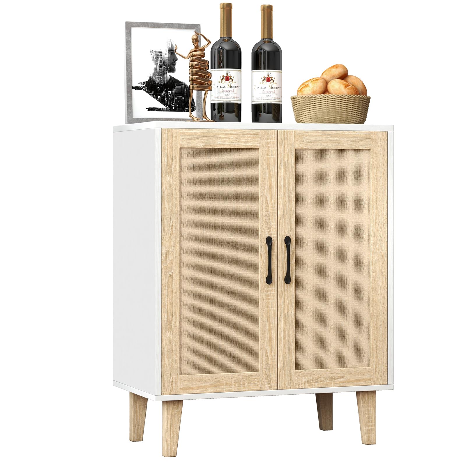 Panana Meuble de Rangement en Rotin et MDF, Buffets Haut Aspect sur Salon, Chambre, 69 x 38 x 88 cm (Blanc et Bois), MEFRSB57