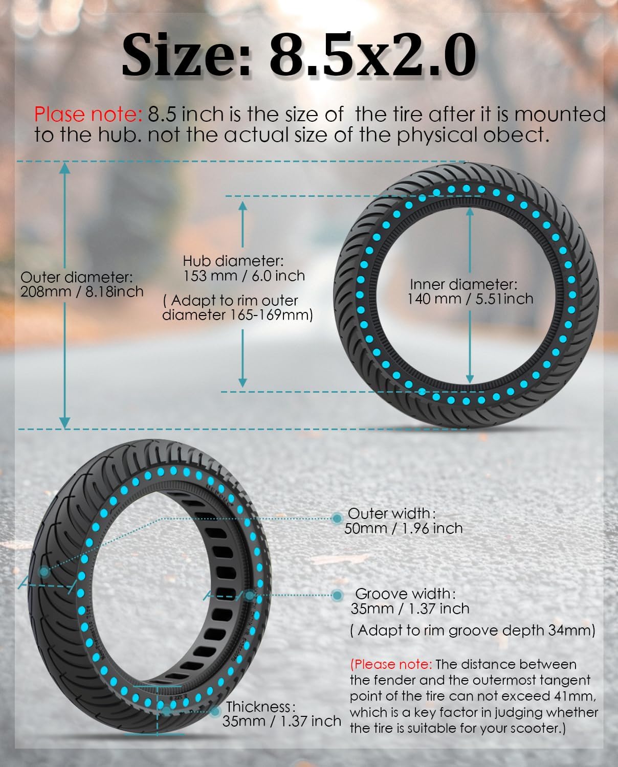GYL 50/75-6.1 Scooter Tire: 8.5x2 Inch Solid Tires Replacement for Gotrax GXL V2 Apex XL XR Hiboy S2 MAX Xiaomi M365 Pro 2 Electric Scooter, 8 1/2X2 Rubber Front Rear Wheels Blue 2 Pcs