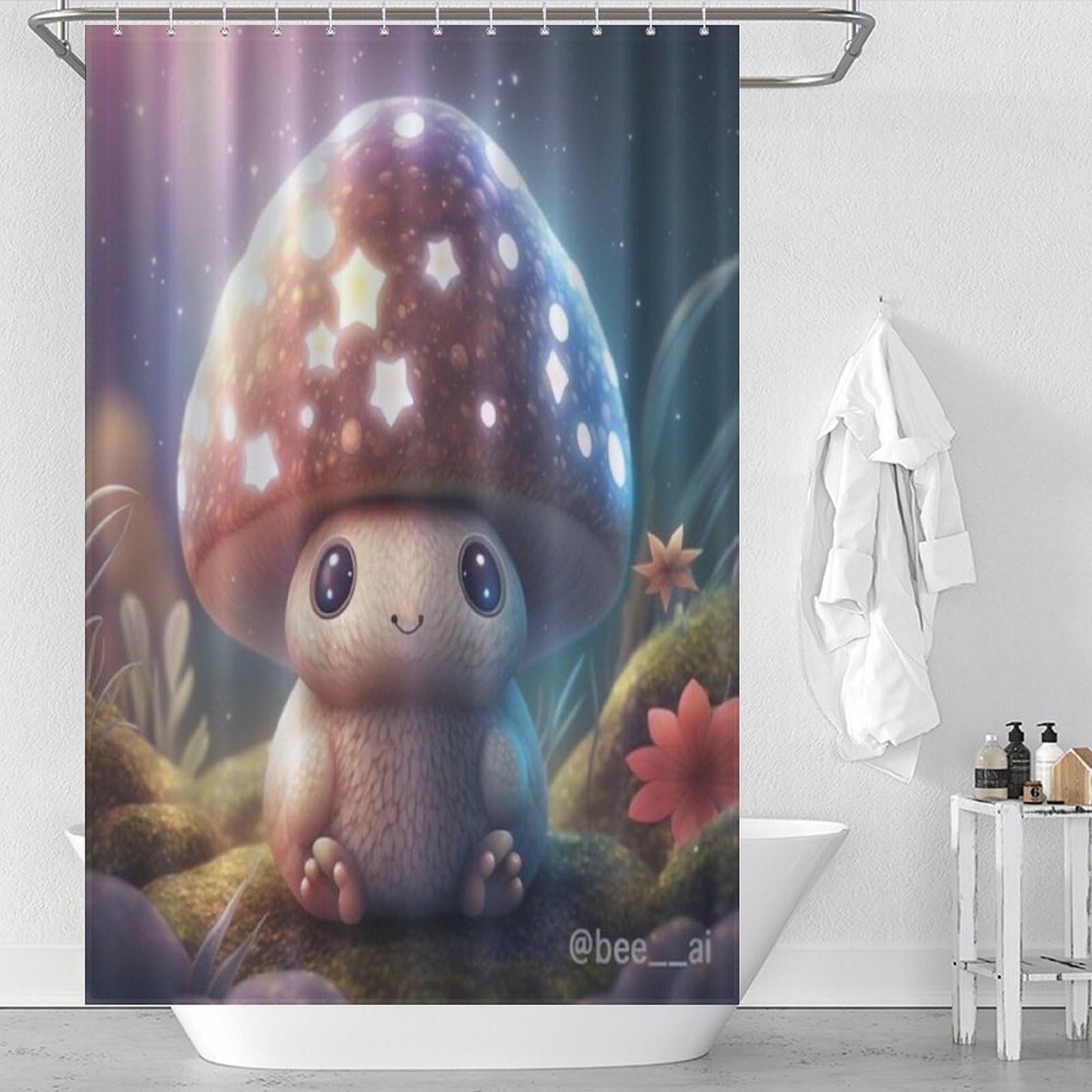 Rideau de douche champignon 122x183cm en polyester imperméable avec ses 12 anneaux