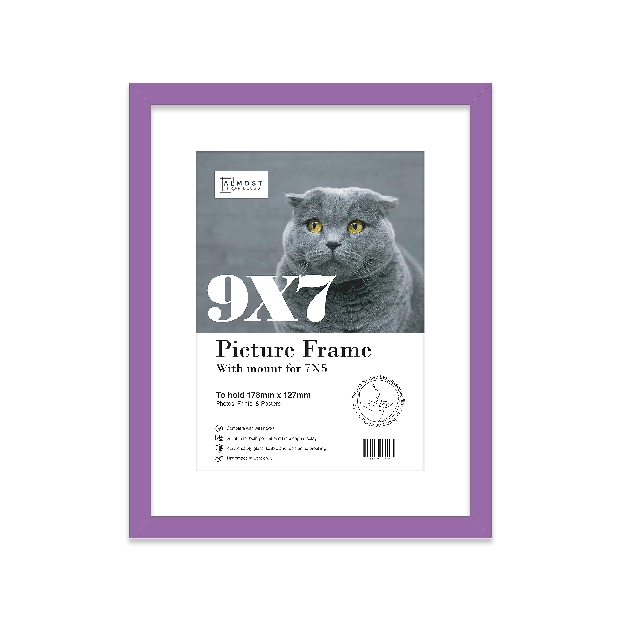 Almost Frameless 9x7 Purple Picture Frame With Mount for 7x5 Print, Poster or Photo Poster, Photo, Artwork, or Print. Thin Edge Slim Frame Portrait and Landscape Display with Wall Hooks