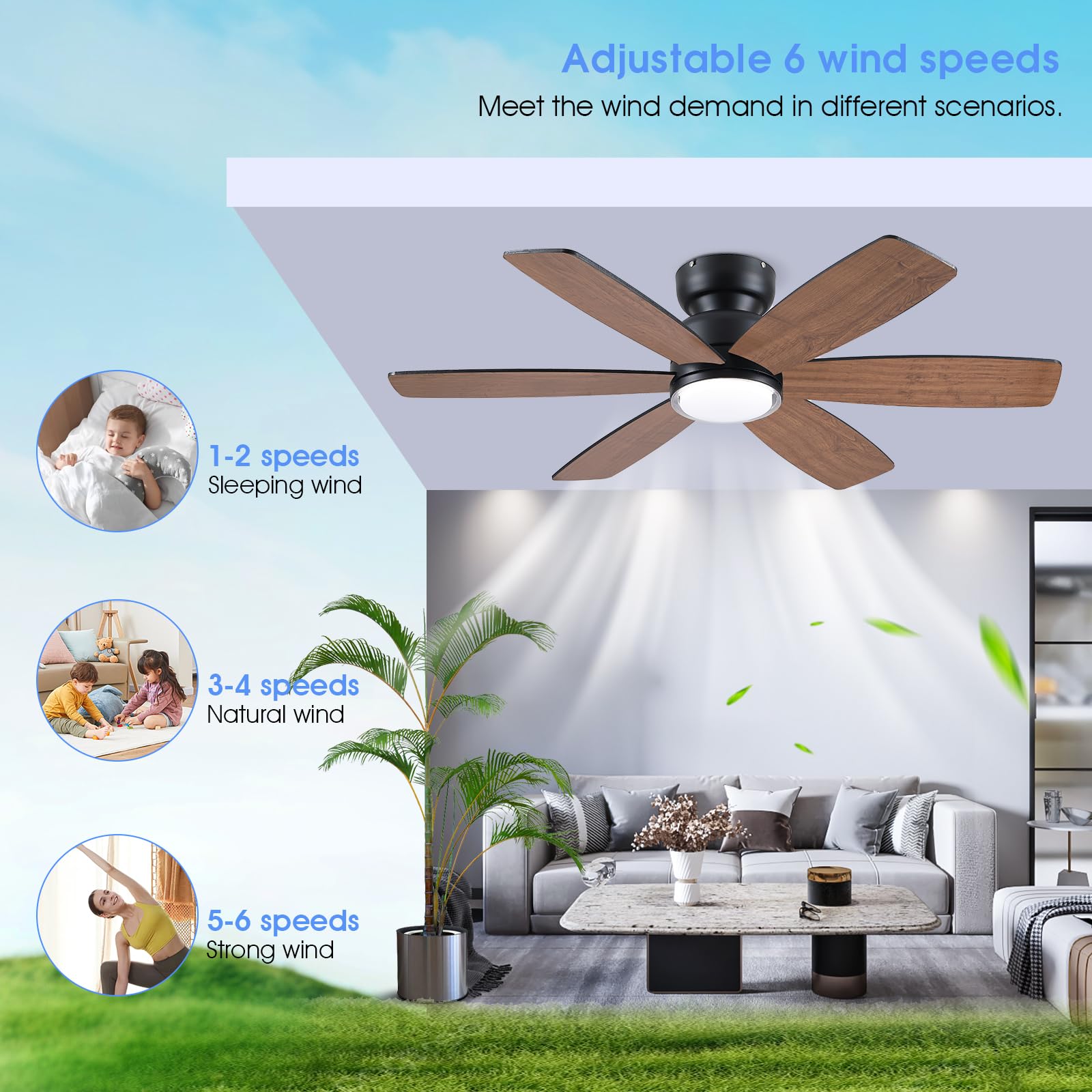 Kviflon 117 cm Landhaus-Deckenventilator mit Licht, Fernbedienung/APP-Steuerung, 6 umkehrbare Doppel-Seiten-Klingen, 3 CCT Dimmbar, Braun