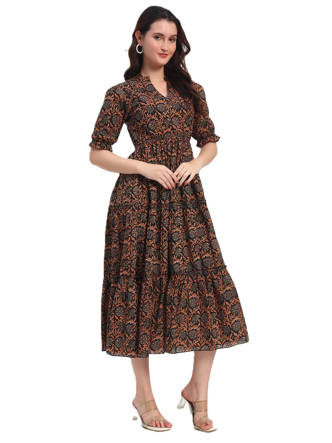 Women's Fit and Flare Dress I Pure Cotton Long Summer Maxi Dress I V-Neck I Casual Wear I Printed Kalamkari Floral Middi-image-45