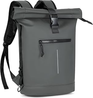 Rolltop Rucksack Wasserdicht für Damen & Herren, Großer Laptop Rucksack mit Computerfach für 17 Zoll Laptop, Elegant Reiserucksack Daypack für Reisen, Radfahren, Uni Schule-Grau