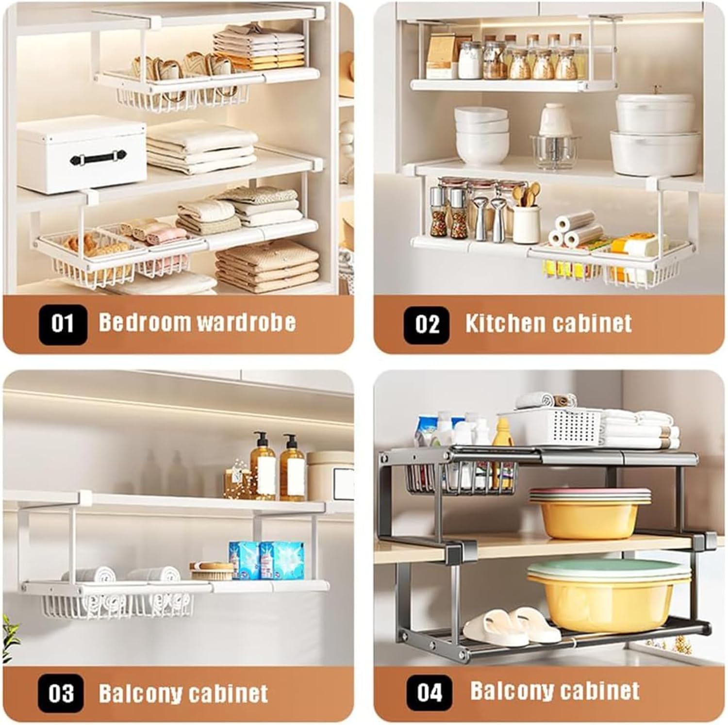 Under Cabinet Basket - Extendable No-Drill Holder | Under Shelf Storage Rack | for Home Wardrobe Kitchen Bathroom Pantry Closet Laundry Bedroom Rv Dorm