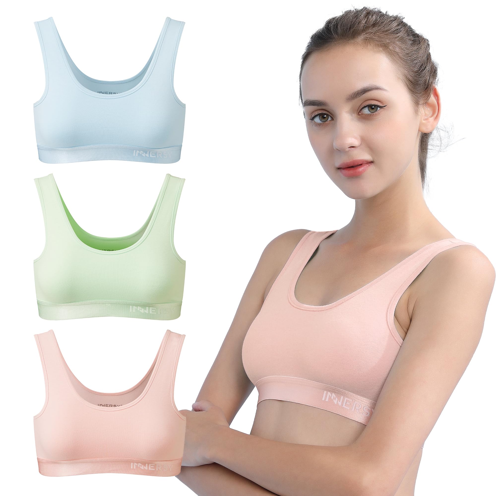 INNERSY Bustier dziewczęcy biustonosz sportowy bez fiszbin, dla dzieci do nastolatków 6-16 lat, 3 sztuki