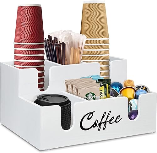 Dispensador de taza de café desechable para mostrador, 6 compartimentos de madera, organizador de estación de café para tapa de taza, vainas,