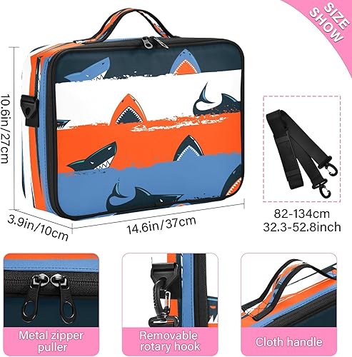 Miniatura 3 de Bolsa de cosméticos roja de dibujos animados de tiburón, bolsa de viaje grande con compartimentos, bolsa de maquillaje portátil, neceser de viaje