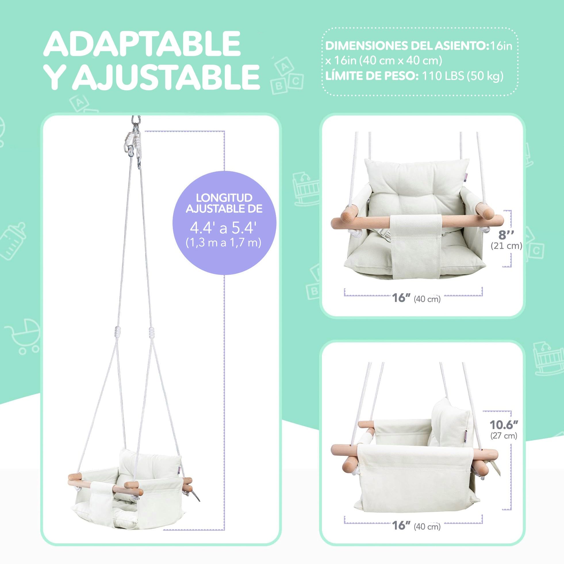 CaTeam - Columpio de Lona para bebé, Silla de Columpio Colgante de Madera con cinturón de Seguridad, Silla de Hamaca Duradera para bebé, Columpio para Exteriores e Interiores para niños, Marfil
