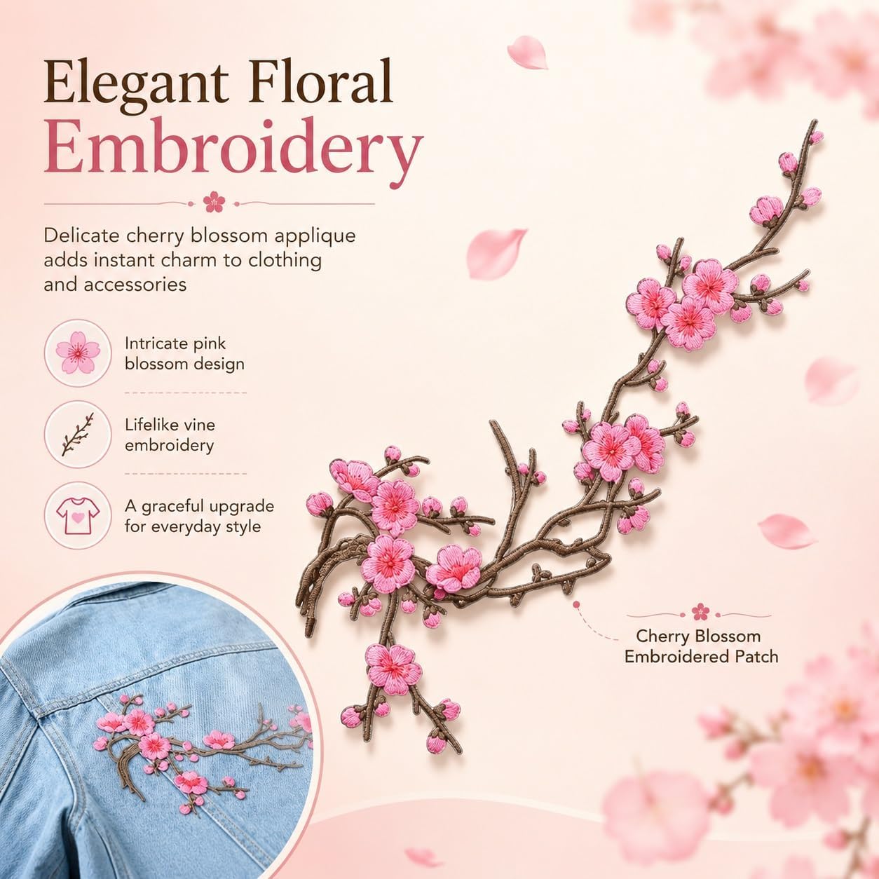 Cherry Blossom Iron On Patches, 5PCS Embroidered Flower Appliques