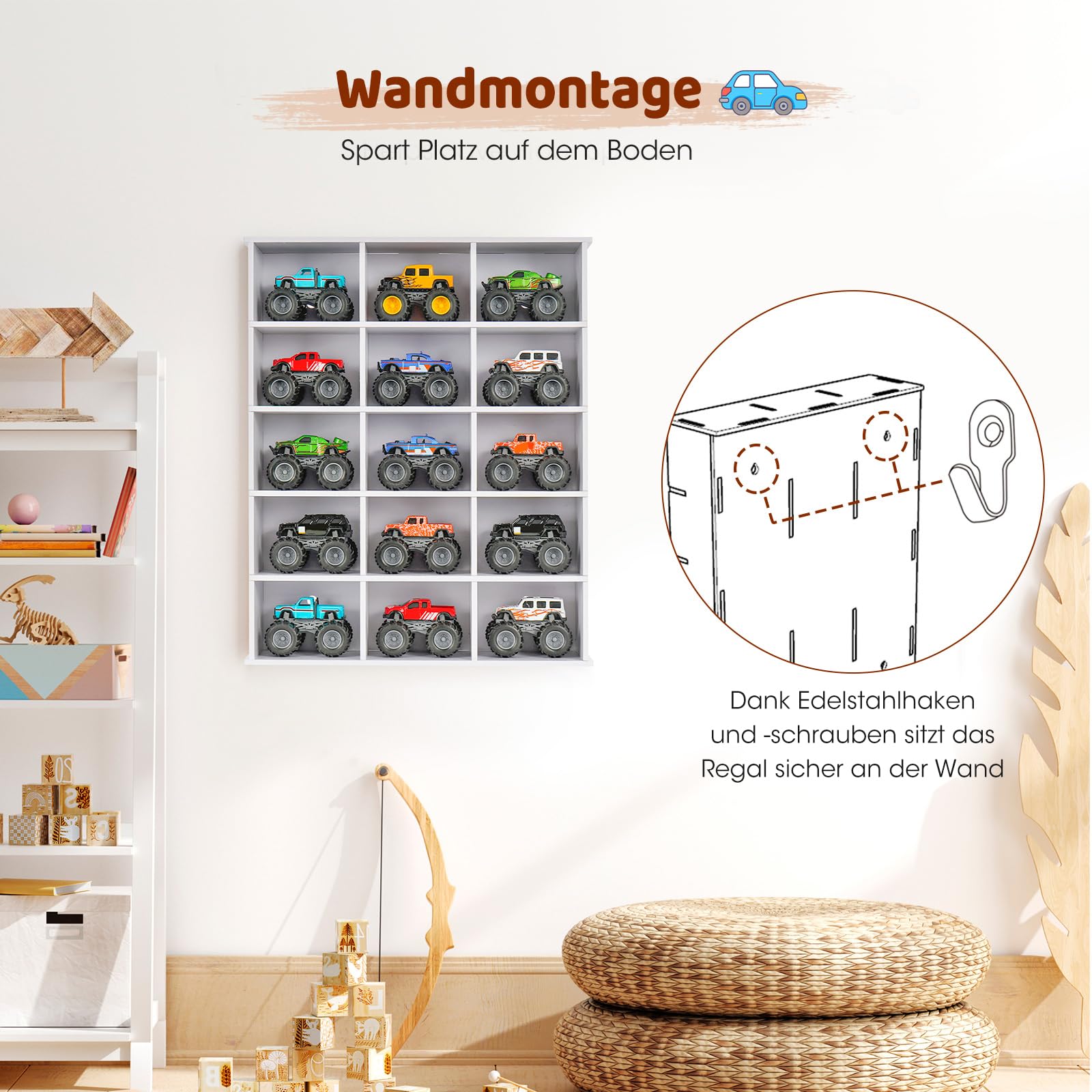 Krafetto Monster Truck Schaukasten mit 15 Fächern, Spielzeugauto Aufbewahrung und Display-Regal für Monster Trucks und Modellautos, Wandregal/Standregal fürs Kinderzimmer, Weiß 2 Stück