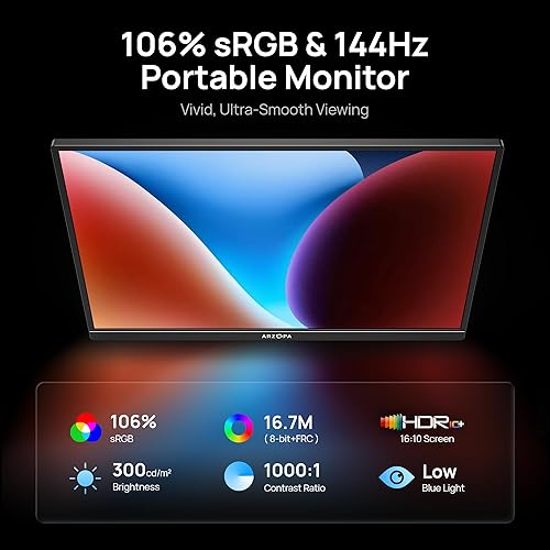 Miniatura 2 de ARZOPA Monitor portátil para juegos de 16.1 pulgadas y 144 Hz, 106% sRGB 1080P FHD Kickstand Monitor portátil con HDR, ultra delgado, cuidado
