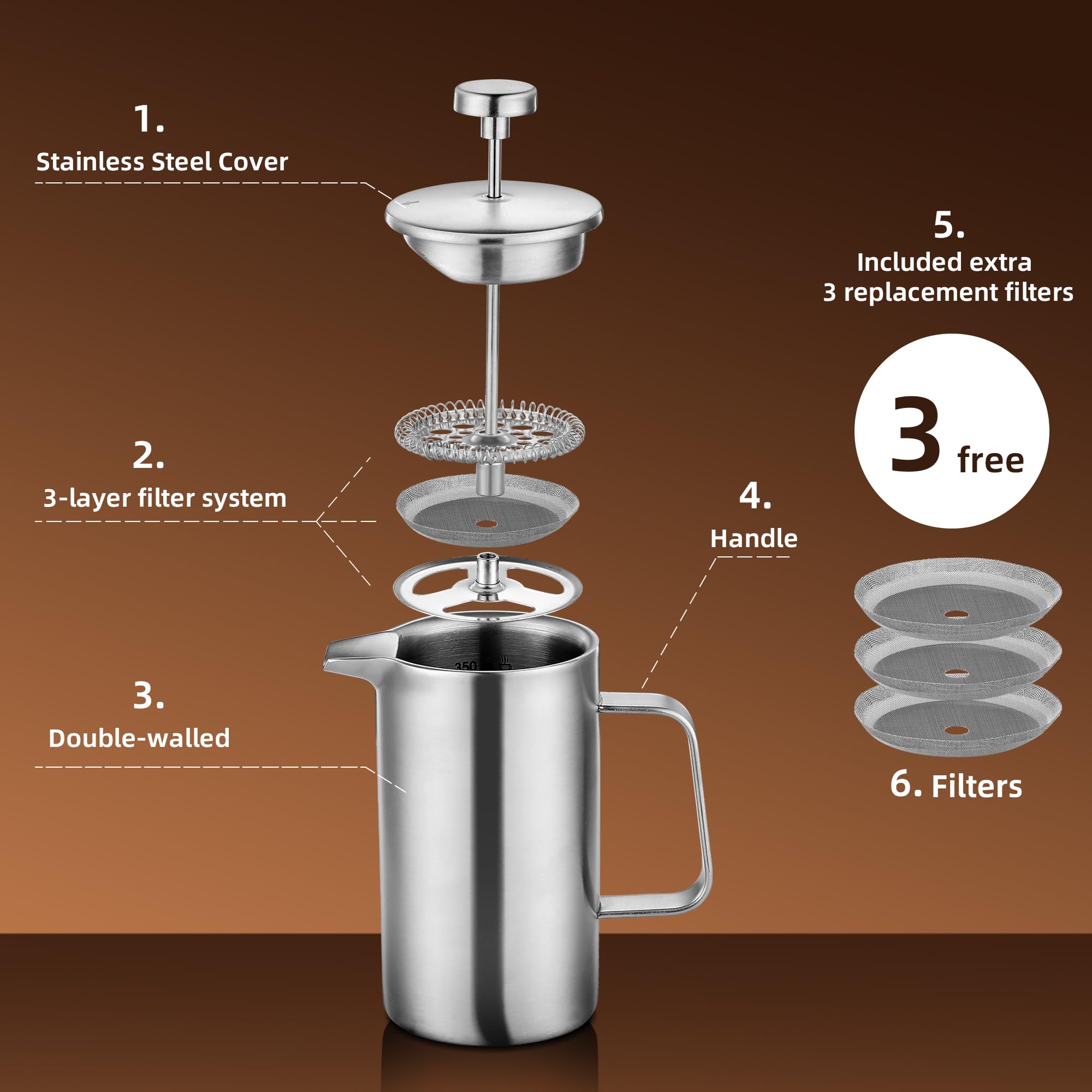 Misichao Petite cafetière à piston 2 tasses Argenté 350 ml | Cafetière isotherme en acier inoxydable avec système de filtration à 3 niveaux, cafetière manuelle