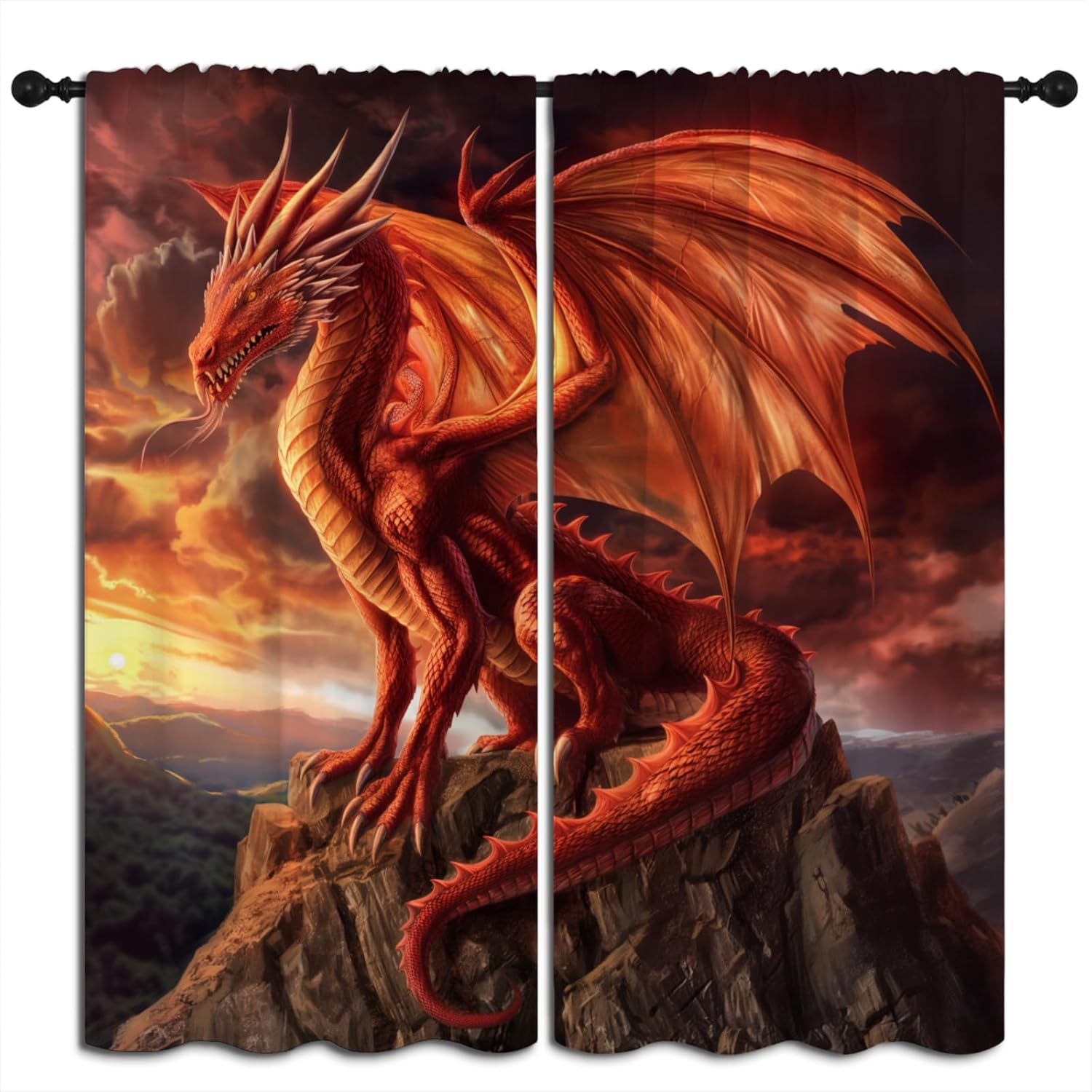 レッドドラゴン 遮光カーテン 男の子 女の子 寝室 ホームデコ クール マジック ファンタジー フォレスト 野生動物 断熱 ロッドポ