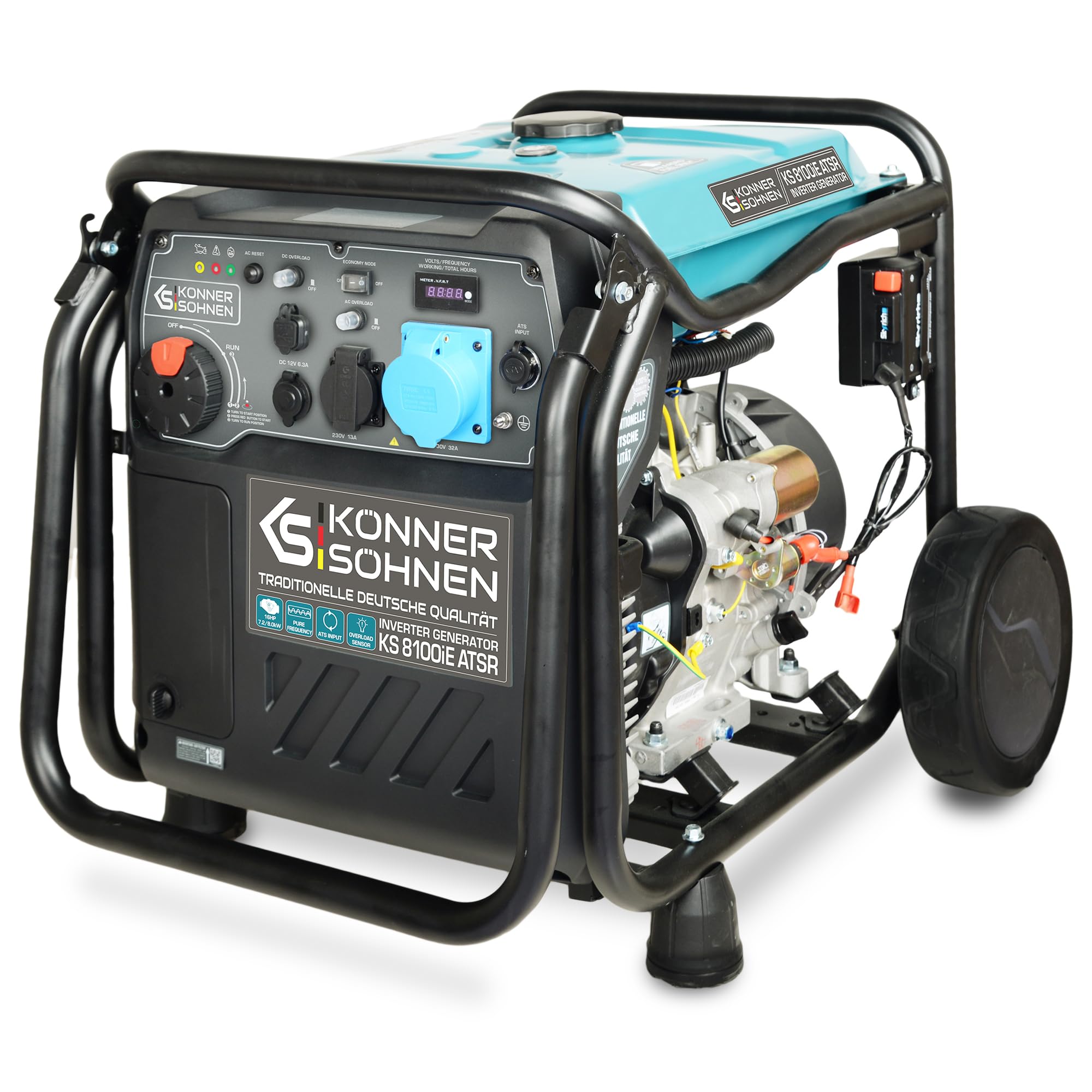 KS 8100iE ATSR petrol inverter generator. Max. power 8.0kW,1x16A (230V), 1x32A (230V), 2 USB ports, LED display, Economy mode, ATSinput, copper winding, overload and short circuit protection, EUROV