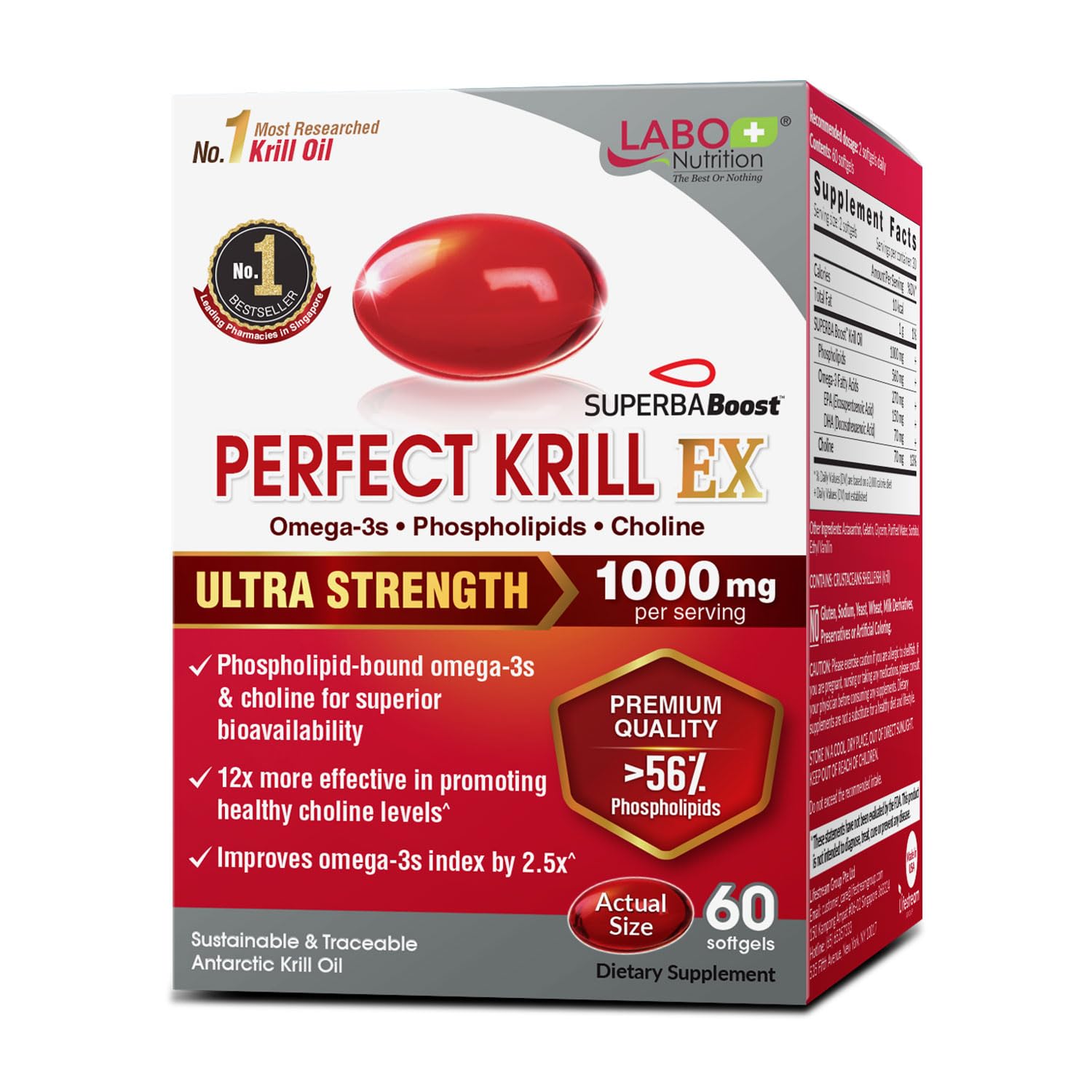 LABO Nutrition Perfect Krill EX, 1000mg Antarctic Krill Oil Omega 3 EPA DHA, Highest Phospholipids (Over 56%) with Choline, Astaxanthin | Heart Brain Eye Joint Health, Made in USA, 60 softgels