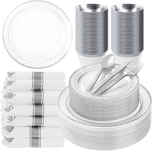 350 platos de plástico transparente con ribete plateado para 50 invitados, juego de vajilla desechable para fiestas y bodas, incluye 100 platos de