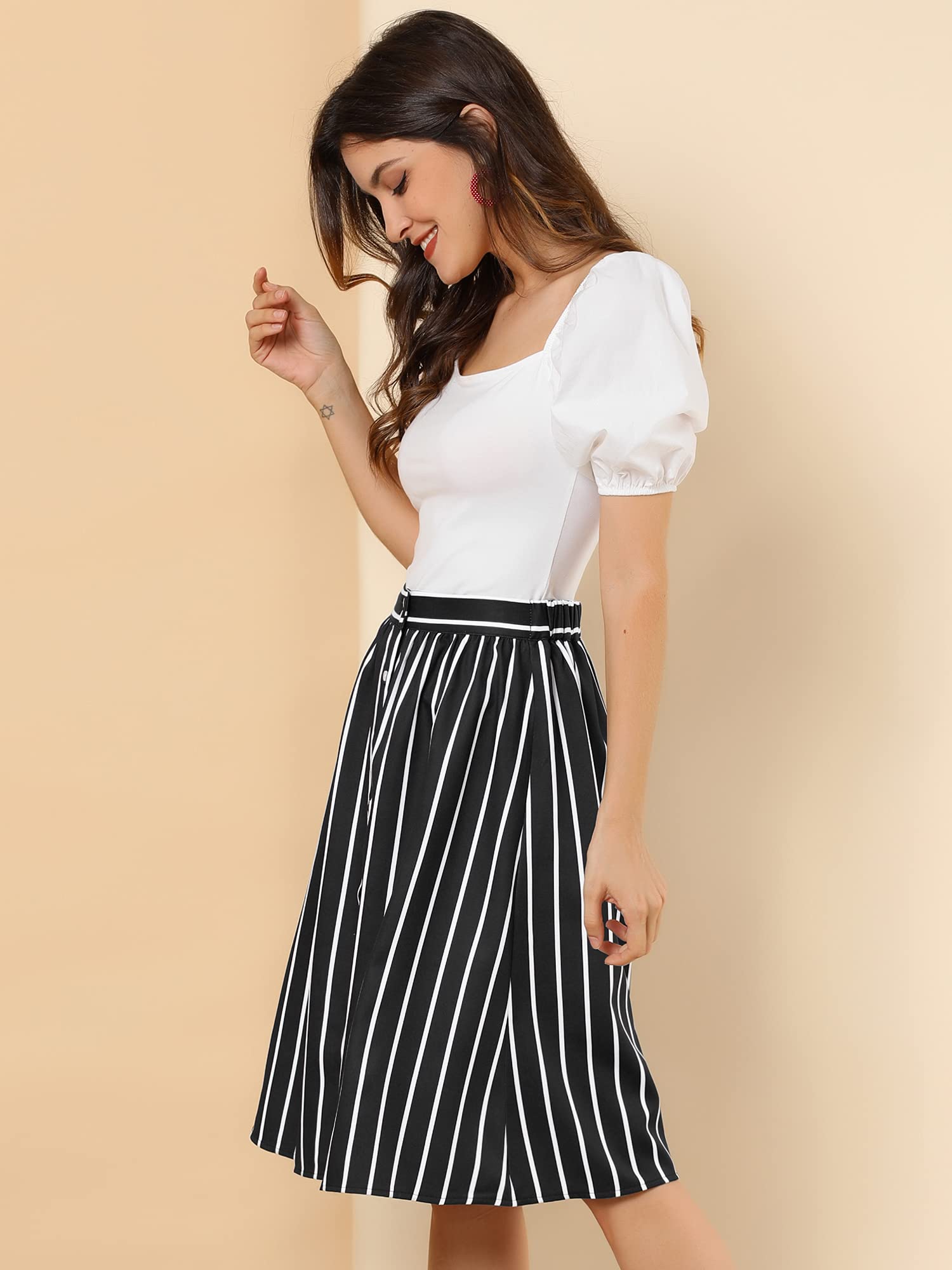 Allegra K Jupe midi rayée boutonnée sur Le Devant et élastique dans Le Dos pour Femme - Noir - Taille L