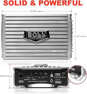 مضخم صوت السيارة أحادي الكتلة AR1500M من BOSS Audio Systems - خرج عالي 1500، مدخلات عالية/منخفضة المستوى، كروس أوفر تمرير منخفض، توصيل بمضخم صوت منخفض التردد للباس