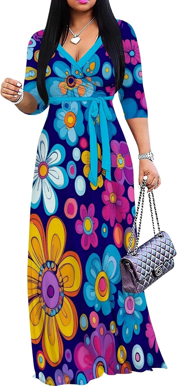 Women's Maxi Dress 3/4 Sleeve Wrap Casual V Neck Floral Print with Belt
