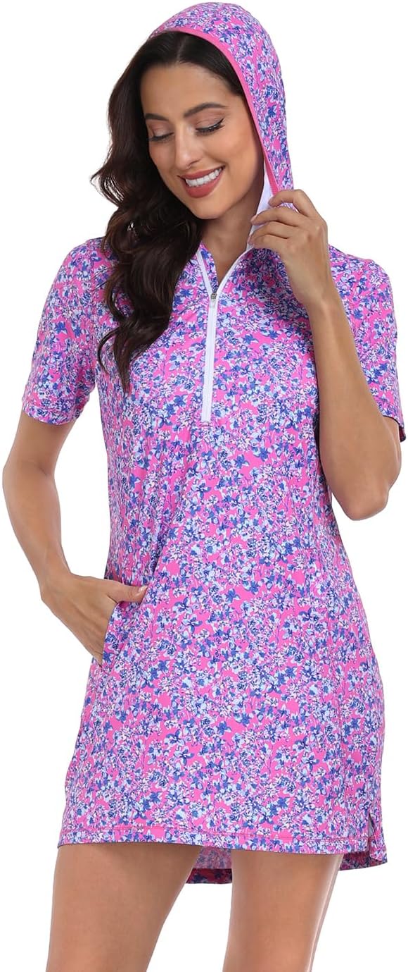 HDE Women's Short Sleeve Beach Coverup Dress with Hood UPF 50 Swim Cover Up - Image 2