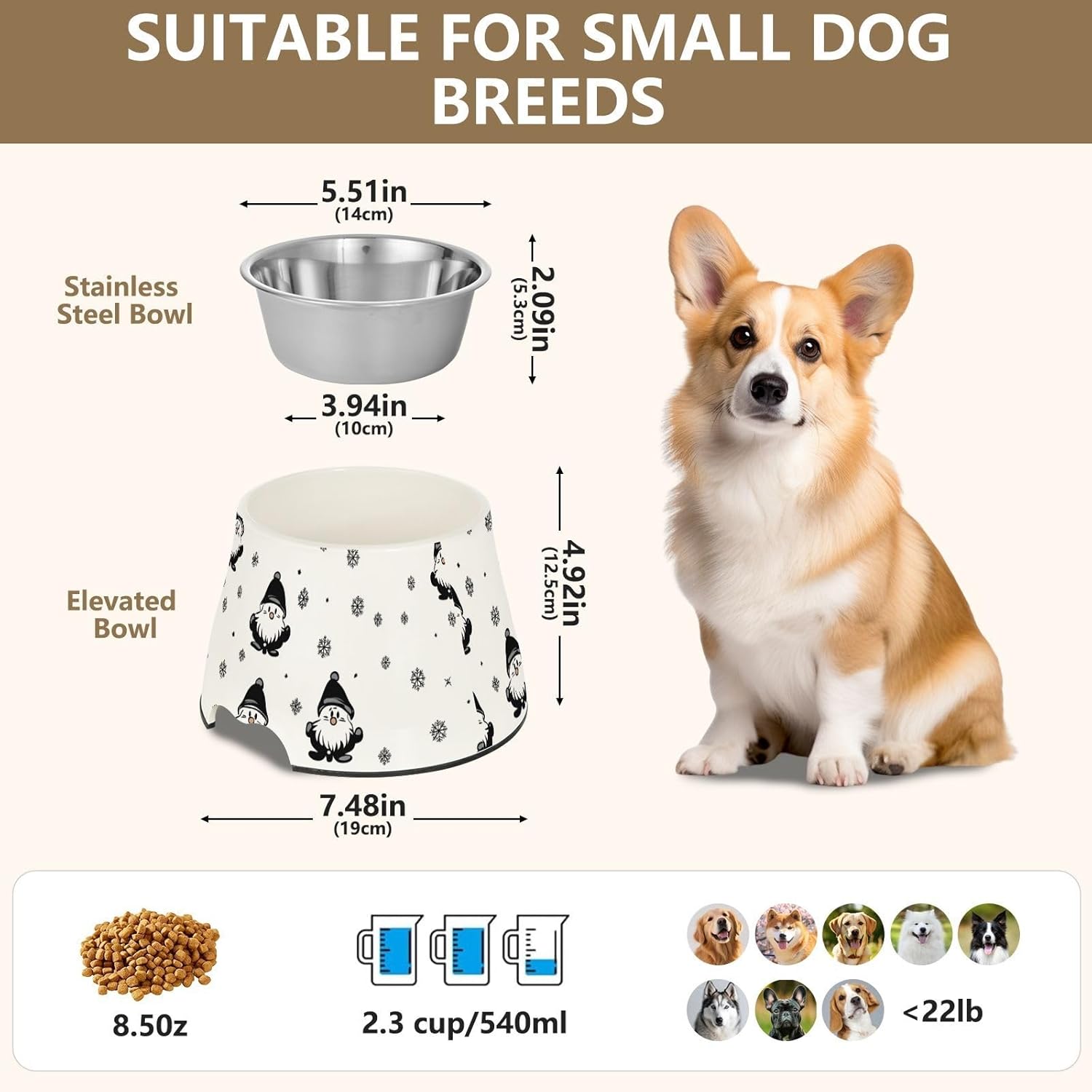 Simple Lines Christmas Gnome Pets Food Bowl Non Skid Stainless Steel Cats Food Dish for Loving Pet Slow Down Eating