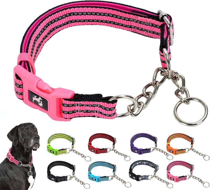 Coleira Martingale para Cães em Nylon Refletivo com Corrente de Aço Inoxidável, Fivela de Engate Rápido, Ajustável Rosa (L) MAOWUWUJOZ