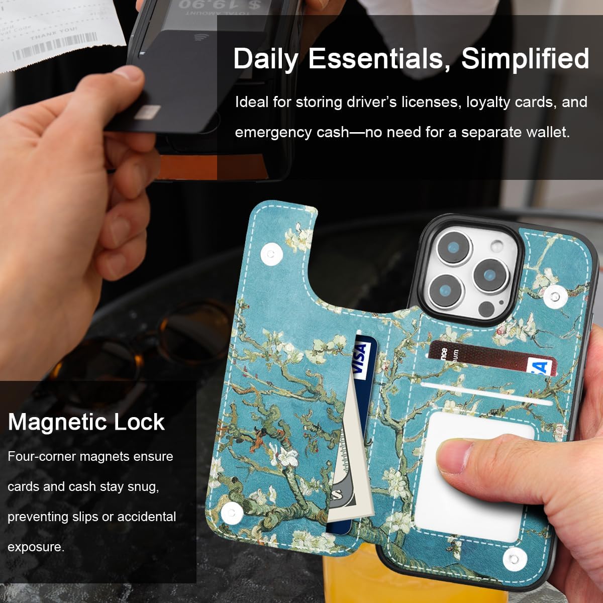 Compatible with iPhone 16 Pro Wallet Case with Card Holder, Slim and Lightweight PU Leather Card Slots Folio Flip Protective Shell (Almond Blossom, iPhone 16 Pro) - Image 4