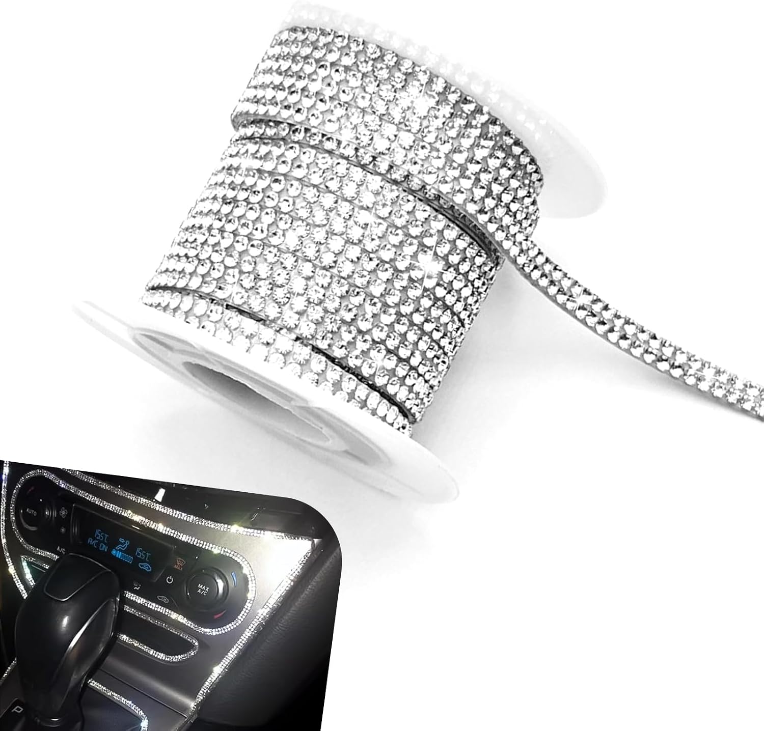 5 Yards Car Self Adhesive Rhinestone Ribbon, Bling Crystal Rhinestone Decoration Strip, Strong Adhesion Waterproof Interior Trim Roll, Cuttable DIY Sticker for Car & Home & Party (White)