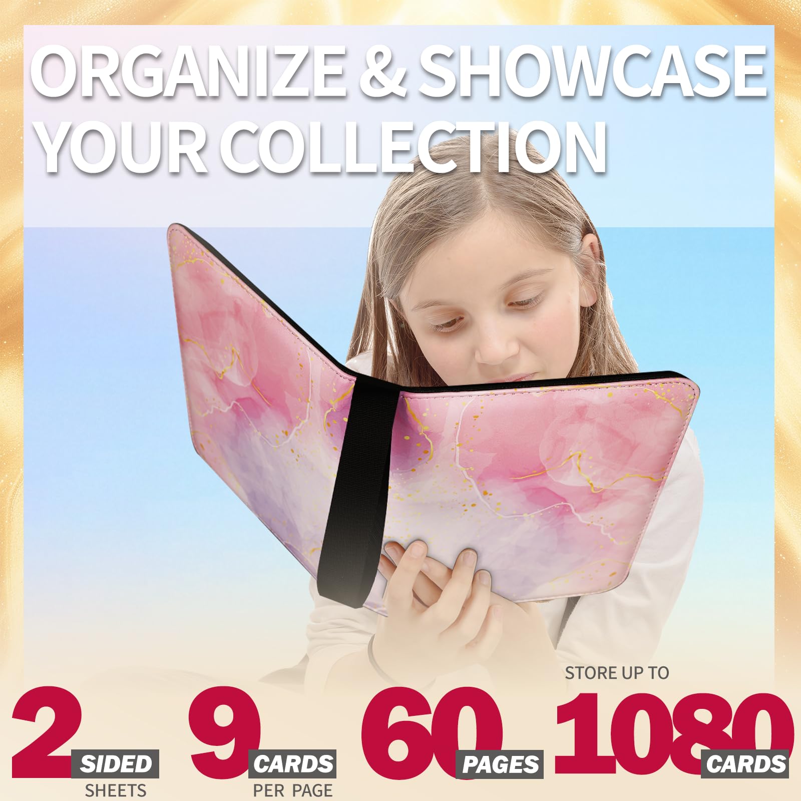 Kartenbinder mit 1080 Fächern, 9 Taschen, Sammelkartenbinder mit 60 Seiten, abnehmbare Hüllen, Reißverschluss, Kartenbuch, Albumhalter [schützend] [Angenehme Touch-Oberfläche]
