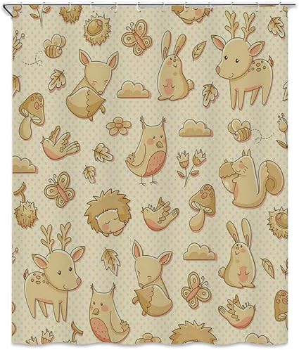 Amazon 水玉の背景に森の動物のベージュ シャワーカーテン 180 X 0cm かわいい現代的なイラストフォックスウサギの家 バスルーム カーテン 防カビ 防水 洗面所 目隠し用 おしゃれ ピンクベージュ シャワーカーテン ホーム キッチン オンライン通販