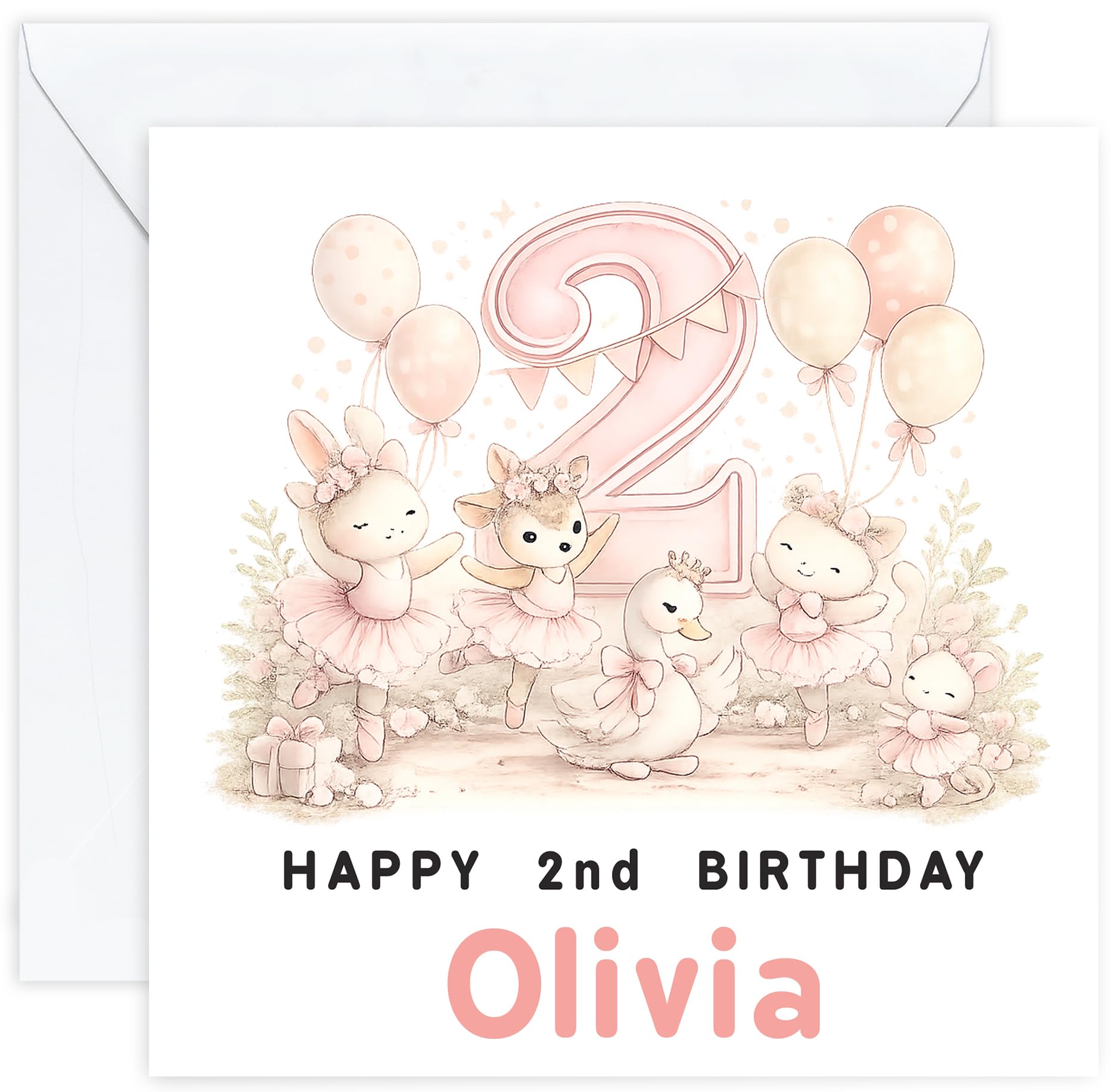 Personalised 2nd Birthday Card for Girl | Two Year Old Girls Birthday Card with Name | For Her, Daughter, Granddaughter, Niece or Goddaughter (Design 10)
