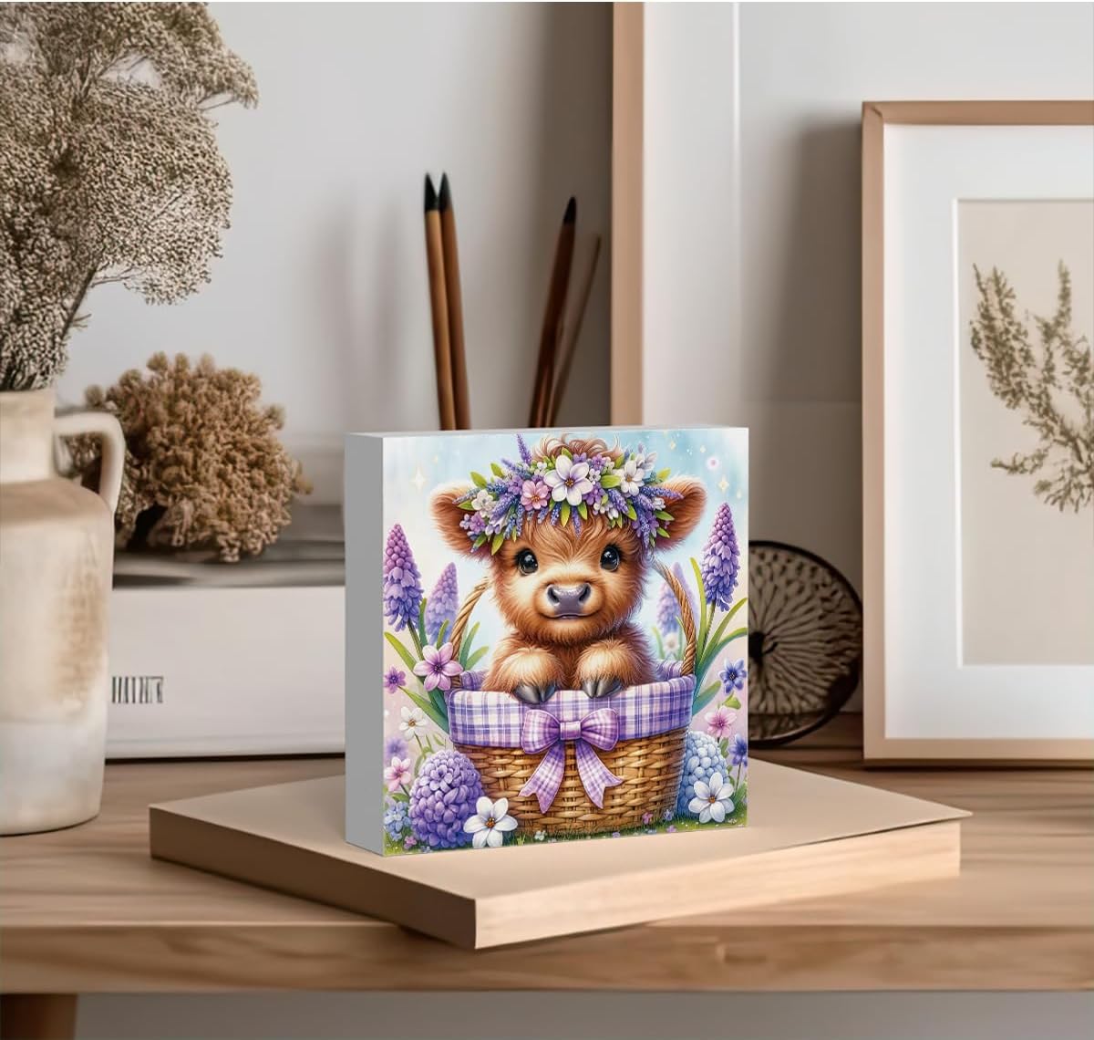 Rustic Wooden Highland Cow Box - Floral Western Home Decor - Farmhouse Desk Decor - Wood Sign for Office Shelf Centerpiece image 3