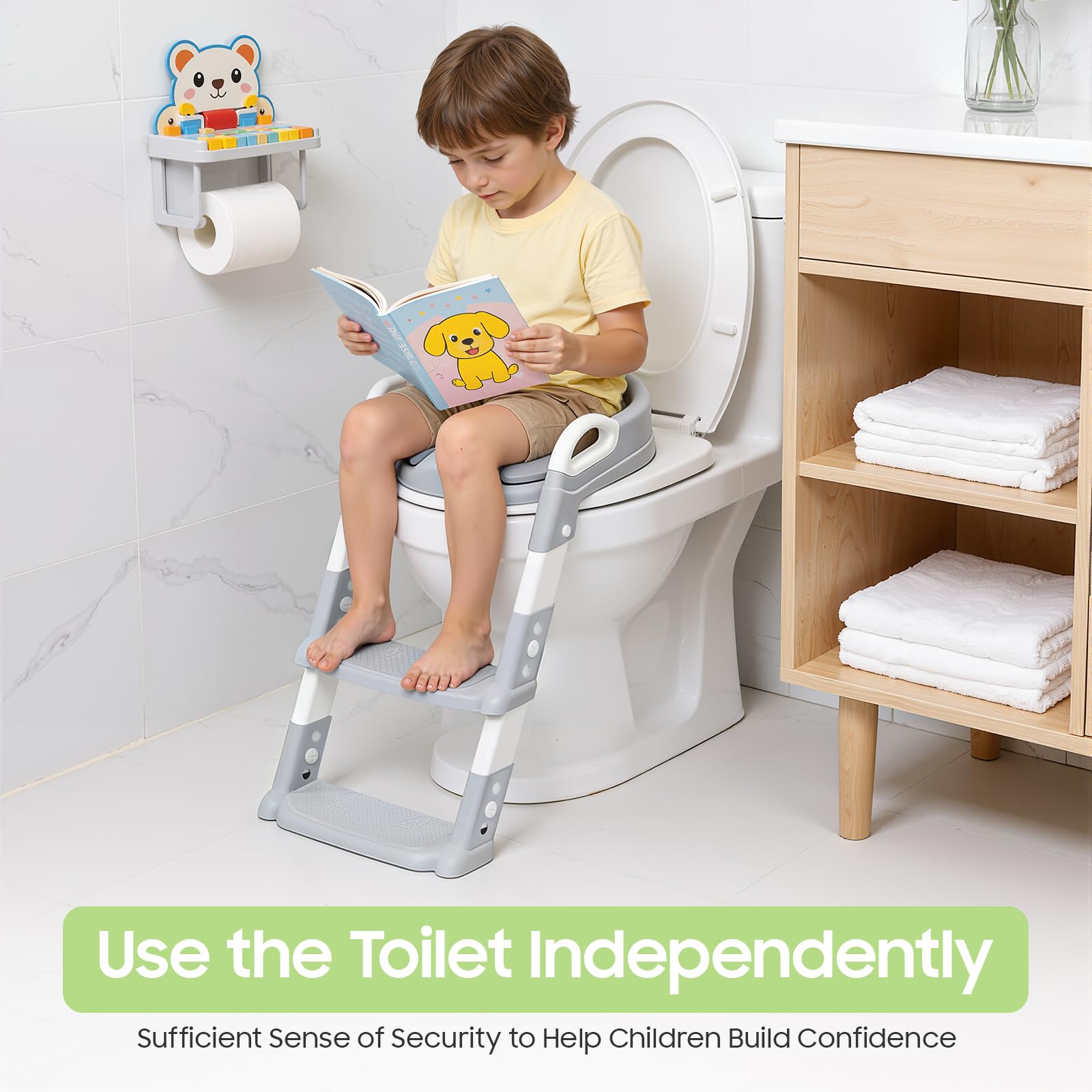 Siège de toilette pour enfant avec marche, coussin en PU détachable, réglable en hauteur 2–7 ans, siège de toilette pliable avec marche, antidérapant et sûr pour toilettes V/U/O (Gris)