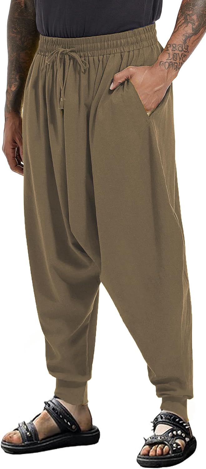 PACEIADTA Mens Casual Harem Pants Loose Elastic Waist Hippie Aladdin Drop Crotch Pant