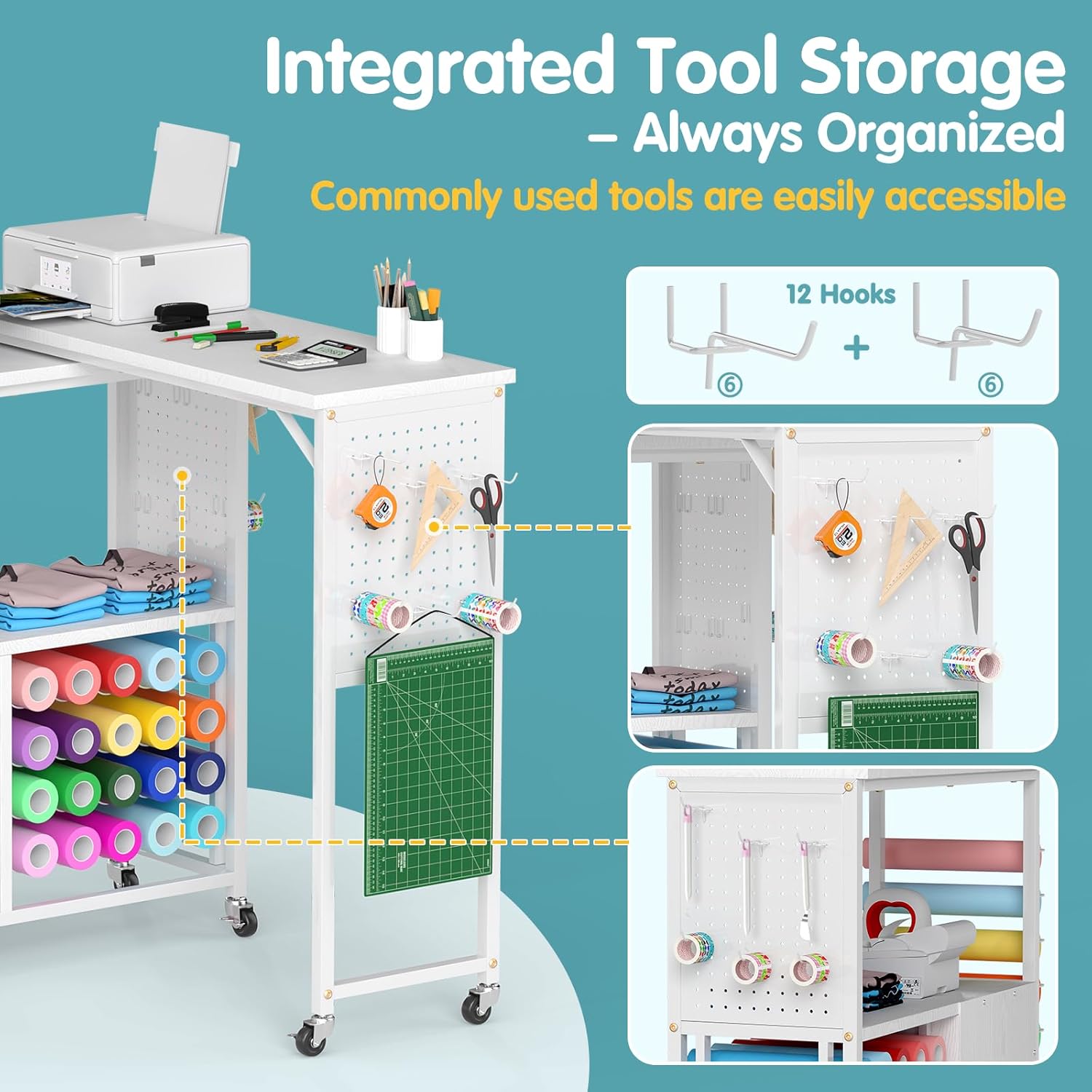 360 Rotating Craft Cart with 26 Vinyl Rolls Storage & Side Pegboards | Mobile Rolling Workstation for Heat Press, Compatible with Cricut Machines | Locking Brakes for Craft Room Home Office