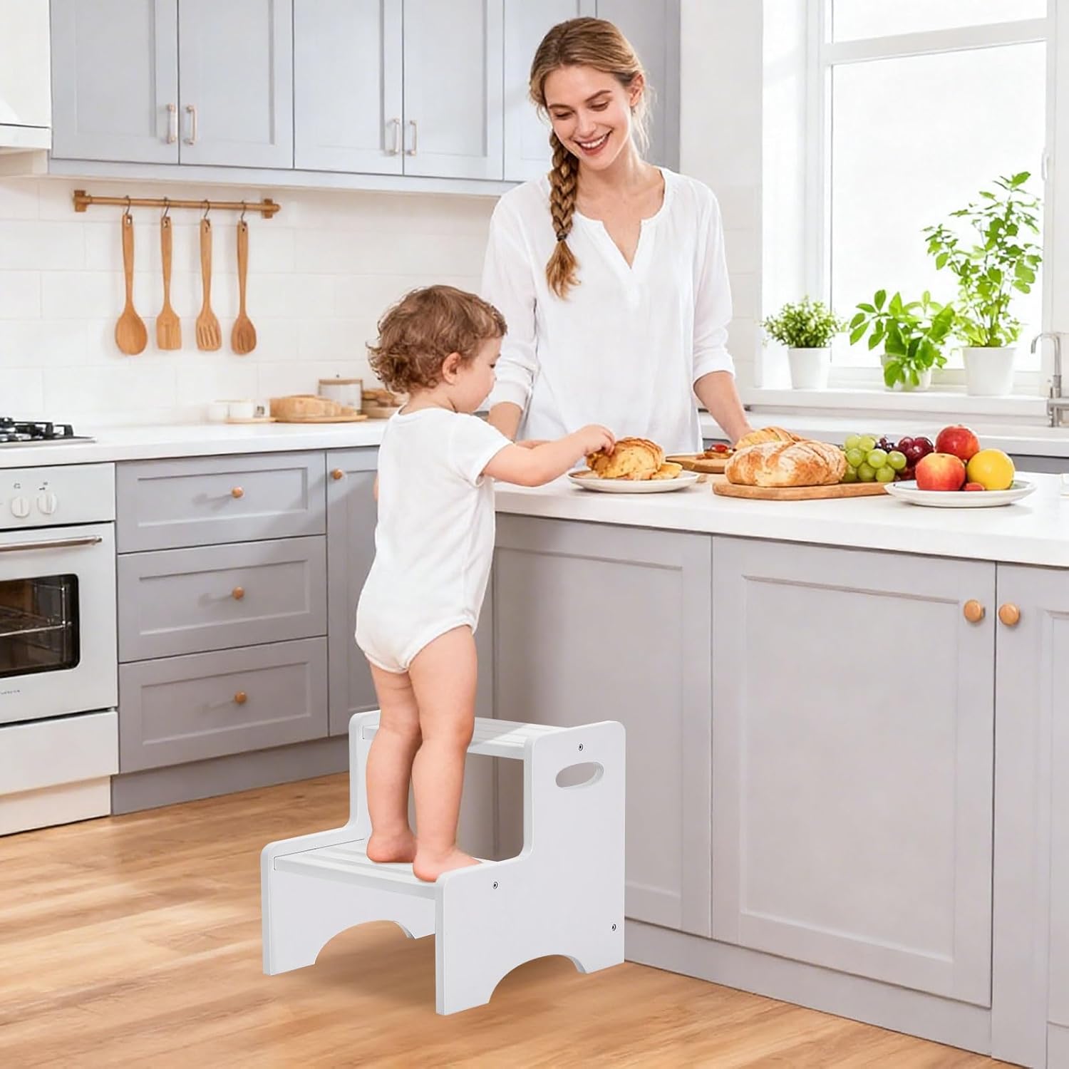 Wooden Toddler Step Stool for Kids, Two Step Stool with Non-Slip Pads & Handles, Potty Training Stool for Bathroom Sink, Toilet, Kitchen, Bedroom (White)
