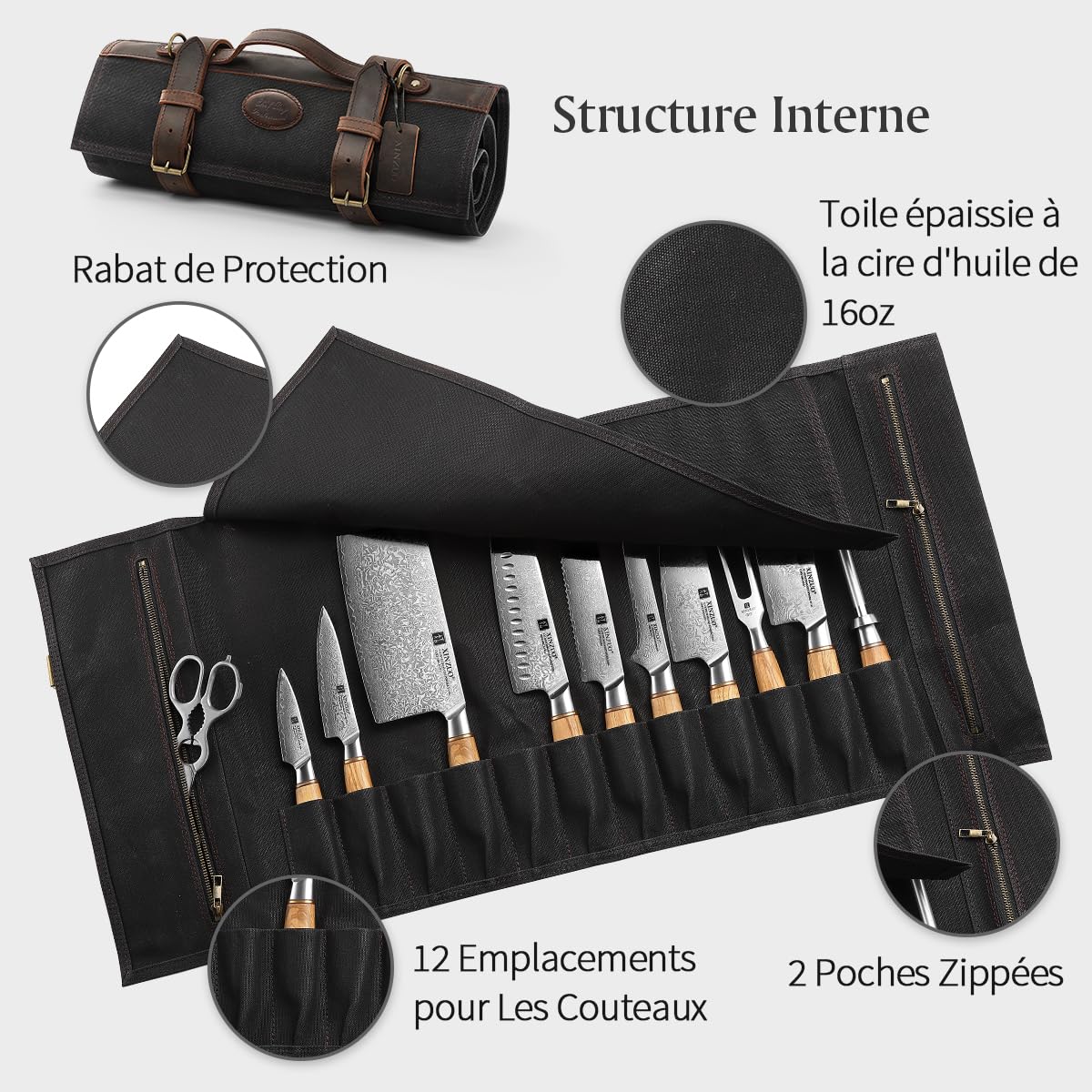 XINZUO Couteau de Chef Roll Sac Noir,12 Emplacements,Toile Cirée Imperméable 16oz et Cuir,Rouleau de Couteaux de Voyage pour Chef, Sac de Rangement Portable pour Couteaux de Cuisine (Pas de Couteau)