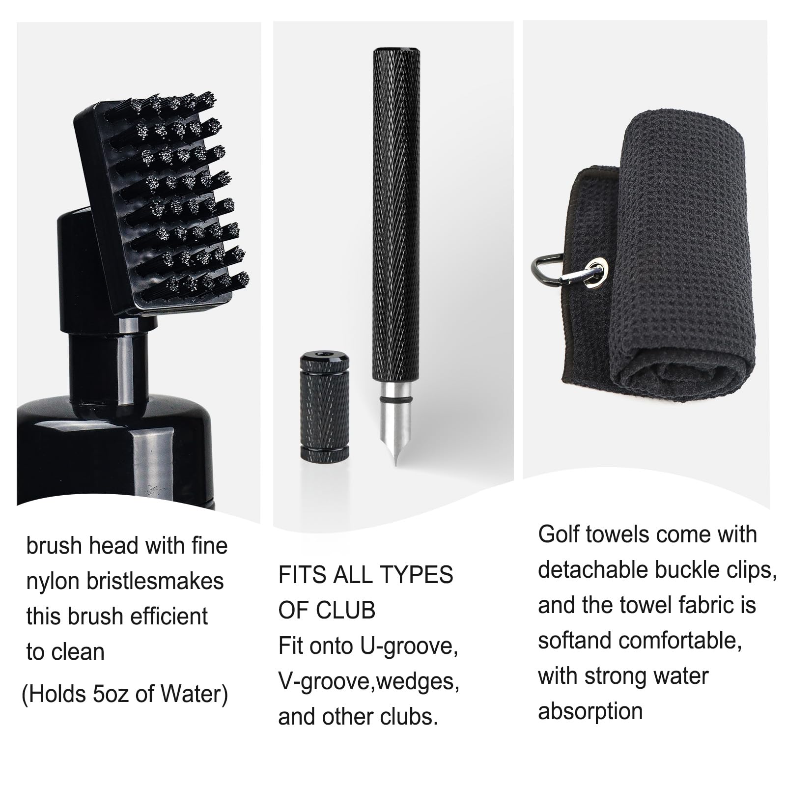 Kit de limpieza para palos de golf con afilador de ranura, toalla, cepillo de agua con botella spray y clip retráctil