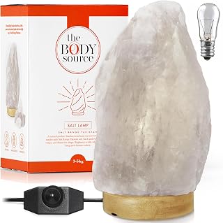 The Body Source Salzlampe (3-5 kg) mit Dimmerschalterlicht aus der Salt Range Pakistan auf einem Holzständer - Nachtlicht inkl.10W Glühbirnen und Geschenkbox