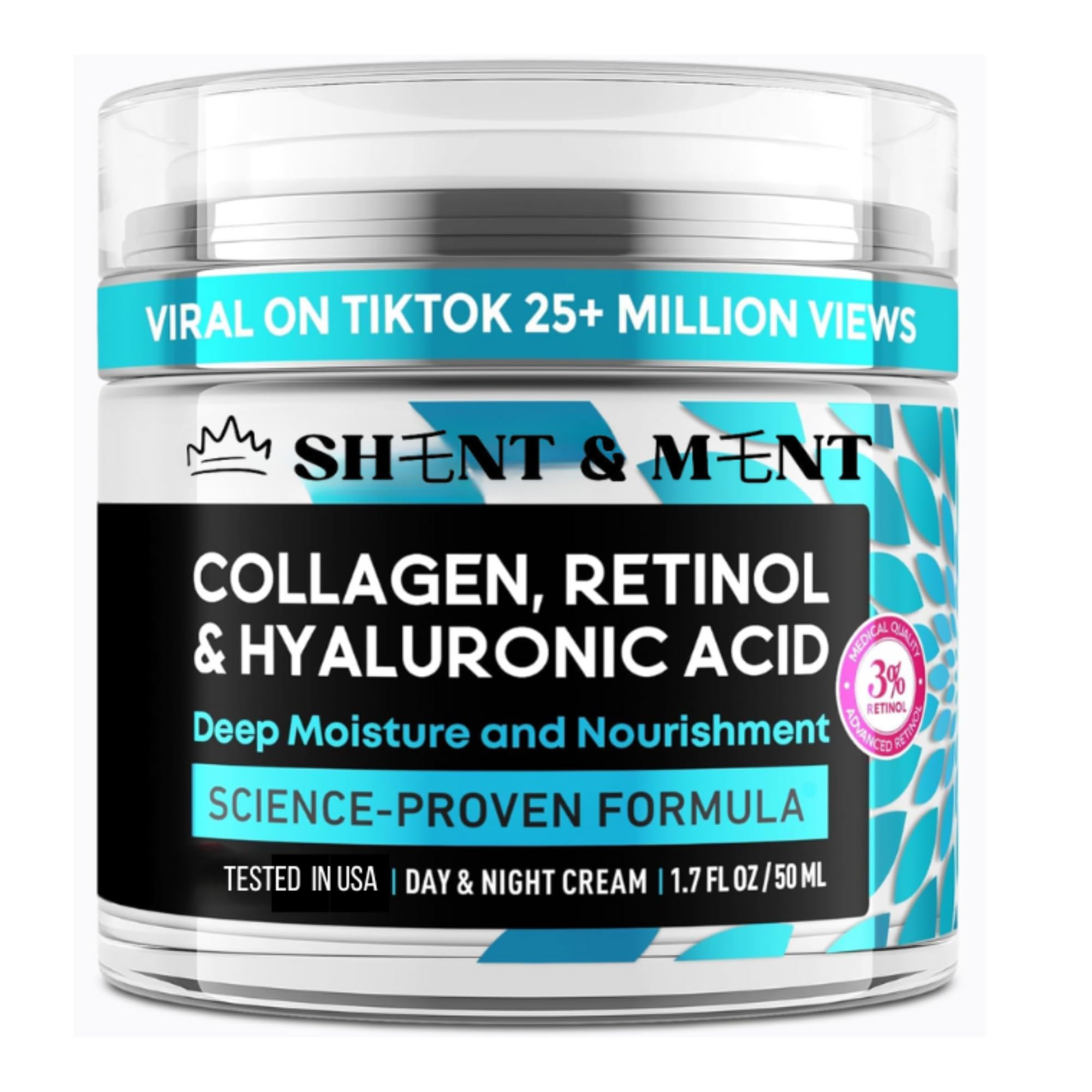 SHENT&MENT- Crema Hidratante Facial Cara, Cuello y Escote, Colágeno, Retinol y Ácido Hialurónico, Día y Noche, Antienvejecimiento, Mujeres y Hombres, Levantamiento y Recuperación de la Piel- 50ml.