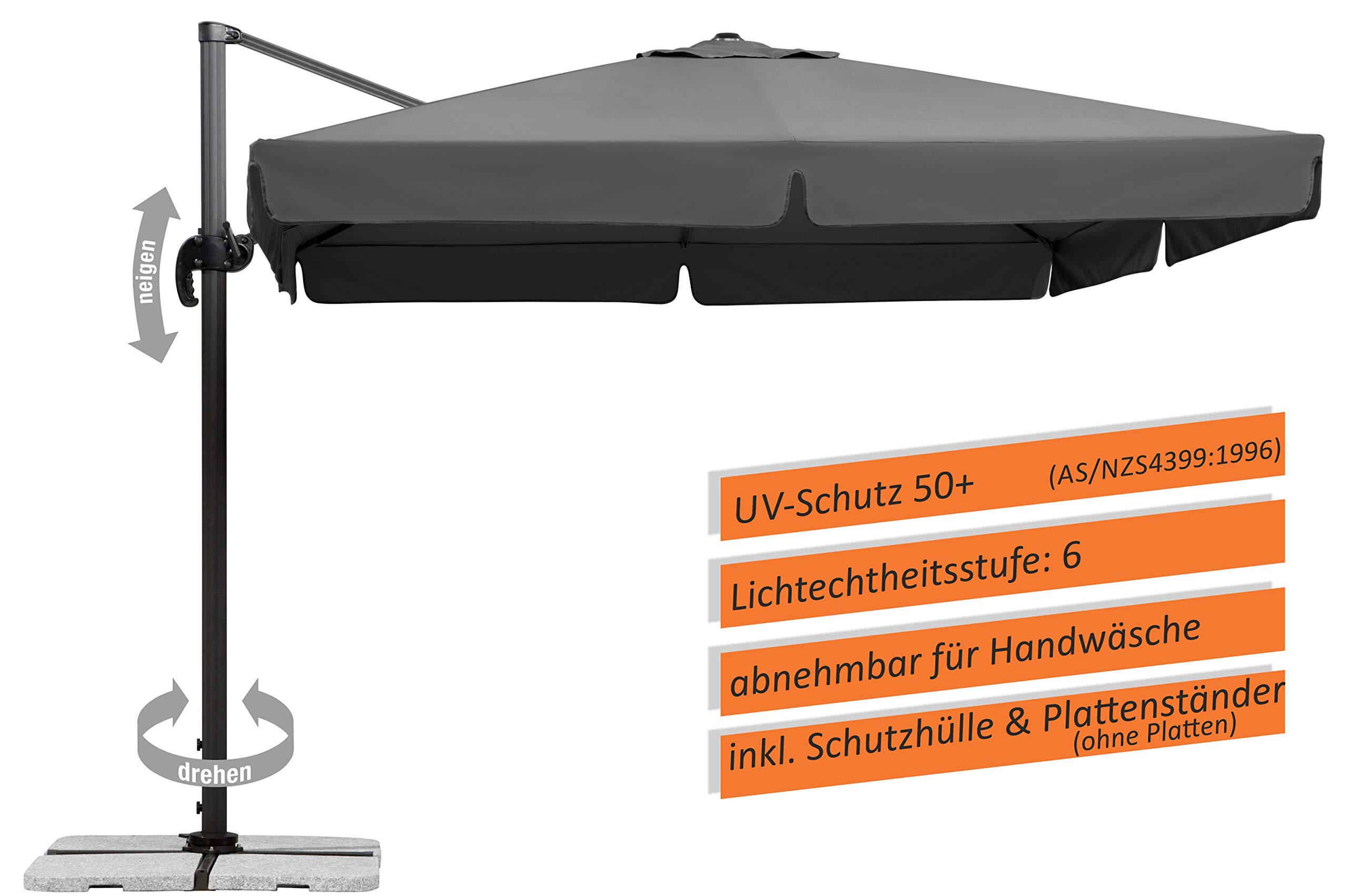 Schneider Sonnenschirm Rhodos, anthrazit, 300 x 300 cm quadratisch, 782-15, Gestell Alu/Stahl, Bespannung Polyester, 24 kg, Anthrazit