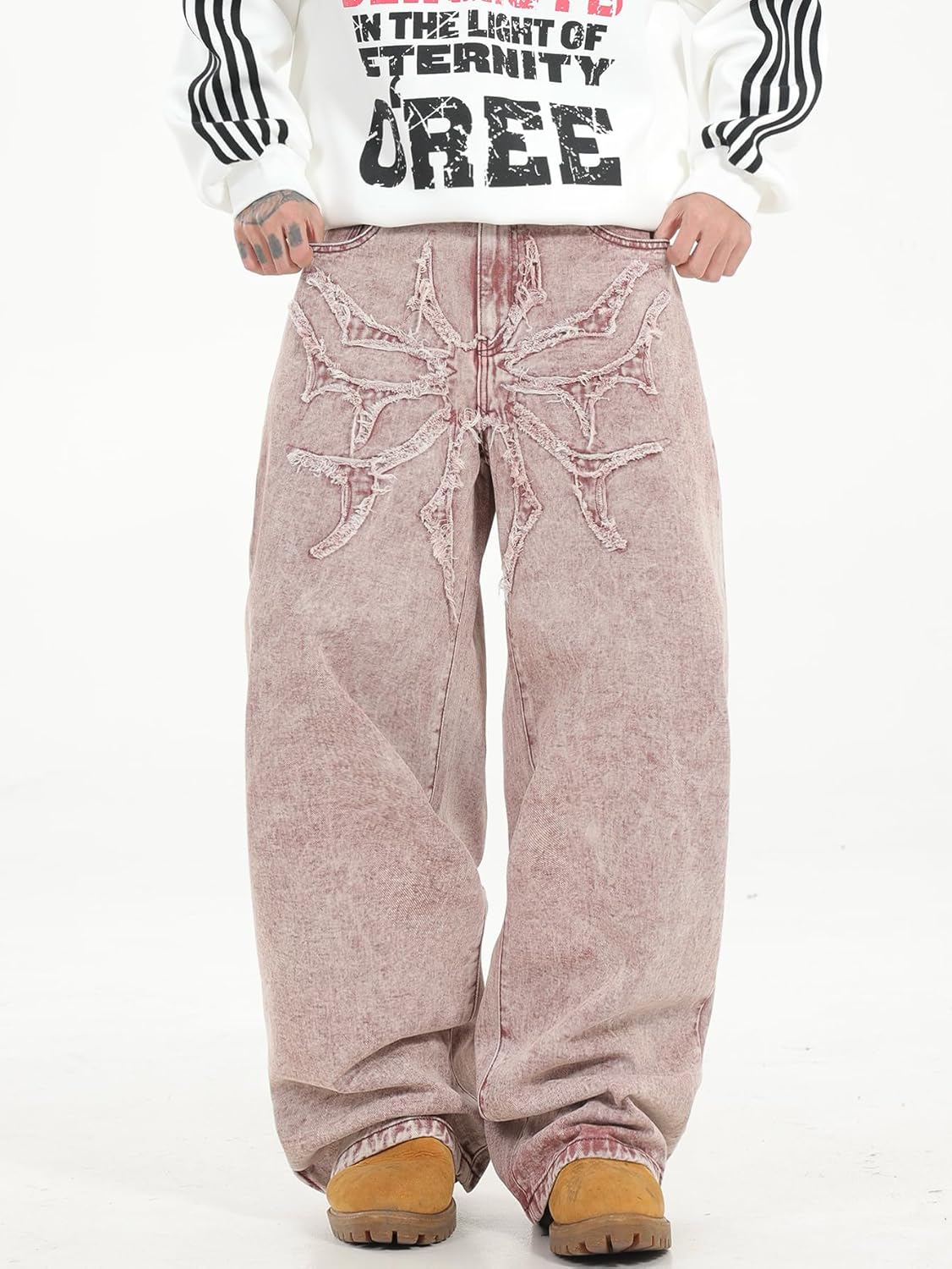 Mens Hip Hop Baggy Jeans Y2k Stylish Patch Embroidery Wide Leg Jeans Casual Skater Loose Fit Denim Pants - Image 6