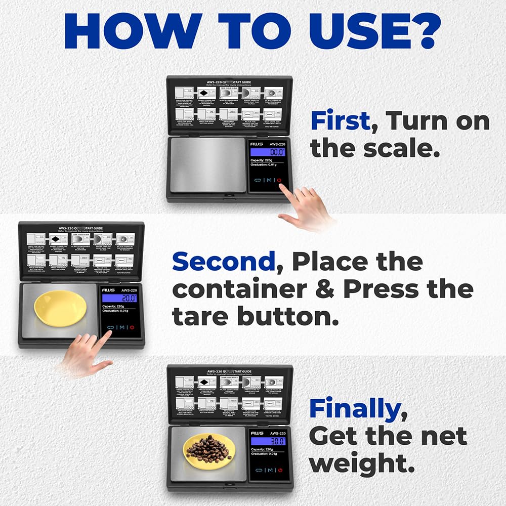 American Weigh Scales AWS-220-BLK - Báscula digital de bolsillo de la serie AWS con pantalla LCD, mide con precisión 220 g x 0,01 g, (negro),