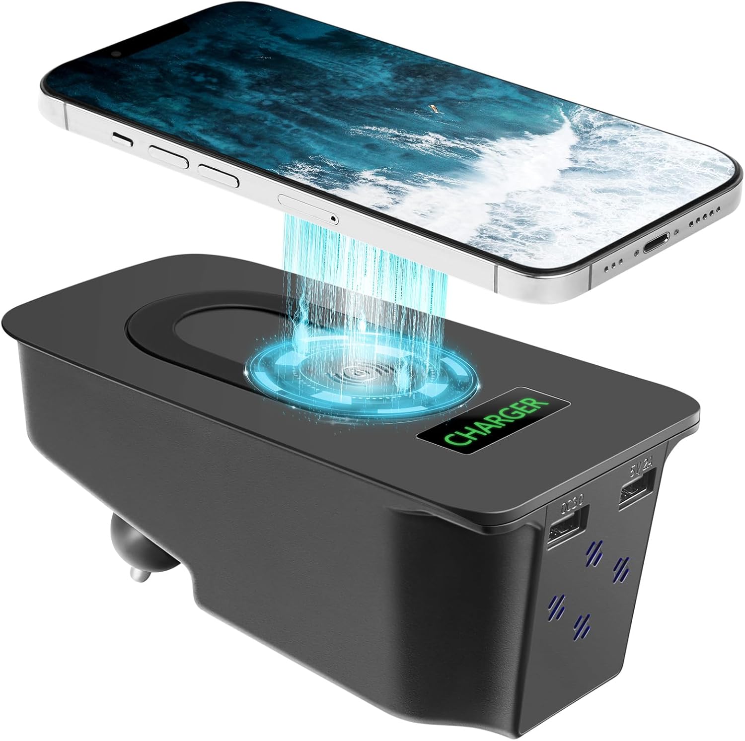 Car Wireless Phone Charger for Volvo 2014-2025 XC90 XC60 V90 V60 S90 S60 with QC 3.0 and USB Port Center Console Accessories Charging Pad (with Light)