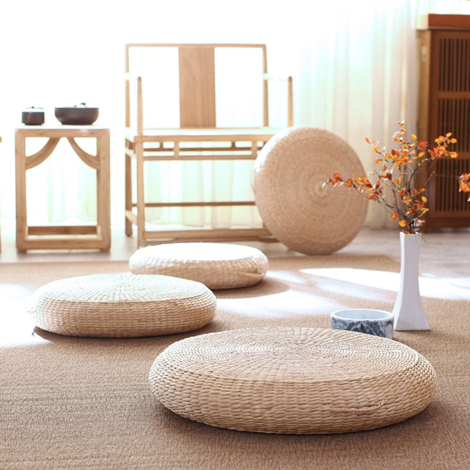 Genérico Cojín de Paja Tejida, Cojín de Suelo de Tatami, Cojín de Meditación Tradicional, Cojín Redondo para Silla de Tatami, Asiento de Yoga, Adecuado para Jardín, Comedor(45cm)